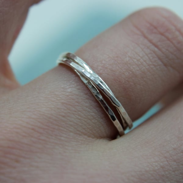 Rolling Ring Sterling Silver 3 Wedding Band Interlocked Wedding Ring Thin Hammered Bands 14k Rose or Yellow Gold Option