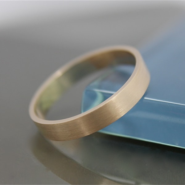 Gold Wedding Ring Brushed Flat Rectangle 14k Solid Yellow Recycled Gold Classic Men's 3.5mm Wedding Band Square Sides Satin Finish