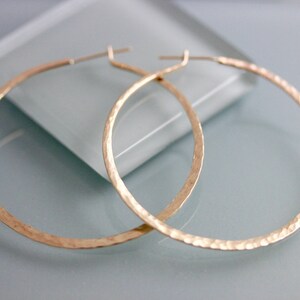 Gold Hoop Earrings 2" Hammered 14k Gold Filled Faceted Texture Tension Clasp Hoop Earrings With Solid 14k Gold Posts