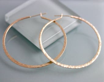 Gold Hoop Earrings 2" Hammered 14k Gold Filled Faceted Texture Tension Clasp Hoop Earrings With Solid 14k Gold Posts