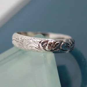 Floral Band Sterling Silver Band With Embossed Flower and Leaf Pattern