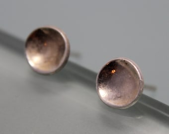 Silver Cup Earrings 8mm  Recycled Sterling Silver Studs Rustic Oxidized Brushed Finish Tiny Circle Dot Disk