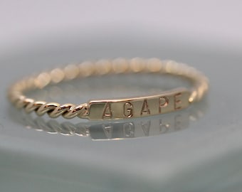 Gold ID Twist Name Ring Personalized Baby Word Inspirational 14k Solid Yellow Gold Band Stackable Eco Recycled Rose Gold or 18k Gold Option