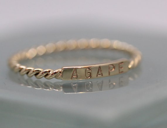 Gold ID Twist Name Ring Personalized Baby Word Inspirational 14k Solid  Yellow Gold Band Stackable Eco Recycled Rose Gold or 18k Gold Option