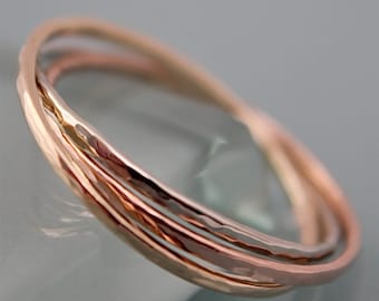 Tri Color 14k Solid Gold Rolling Ring Wedding Band Infinity Puzzle Ring 3 Thin Hammered Bands Ring Interlocked Shiny Recycled Gold