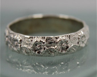 Crown of Flowers Embossed Floral Pattern 5mm Wedding  Band Sterling Silver Ring Eco Friendly Recycled Silver