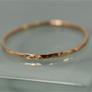 Gold Ring 14k SOLID Gold Yellow Thin 1mm Hammered Stacking Band Faceted Shiny Finish Sustainable Recycled Gold