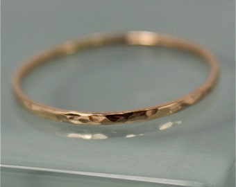 Gold Ring 14k SOLID Gold Yellow Thin 1mm Hammered Stacking Band Faceted Shiny Finish Sustainable Recycled Gold