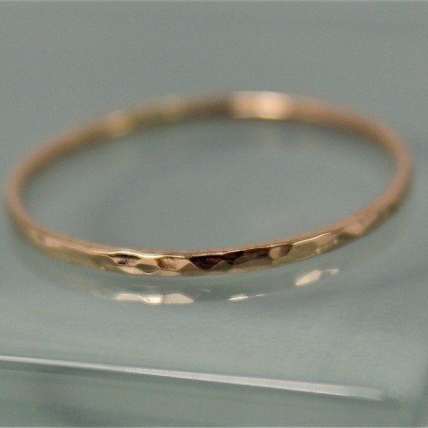 Gold Ring 14k SOLID Gold Yellow Thin 1mm Hammered Stacking Band Faceted Shiny Finish Sustainable Recycled Gold