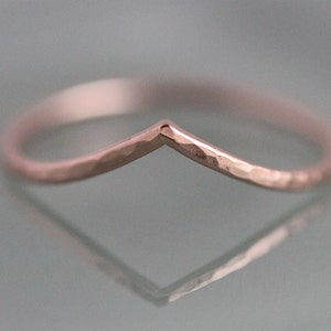 Chevron Wave 14k SOLID Rose Gold Wedding V Ring Hammered Stacking Band Ring Chevron Contoured Wave Shiny Finish Eco-friendly Recycled Gold