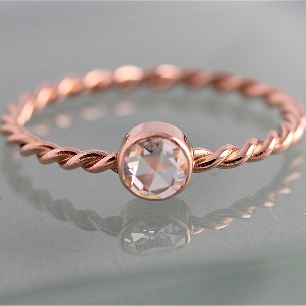 Engagement Ring Rose Gold Moissanite Twist 14k SOLID Rose Cut Bezel Skinny Rope Infinity Band  Stacking Diamond Alternative Recycled Gold