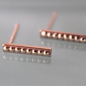 Bar Stud 14K Solid Rose Gold Stick With 14k Yellow Gold Polka Dot Staple Earrings Eco Friendly Recycled Gold