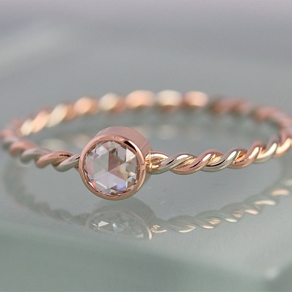 Moissanite Ring Twist 14k SOLID White and Rose Rose Cut Bezel Two Tone Rope Infinity Band Engagement Ring Diamond Alternative Recycled Gold