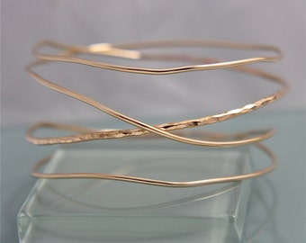 Bangle 14k Gold Filled Organic All In One Bangle Stack Hammered and Smooth Shiny Polish Sterling Silver Rose Gold Filled