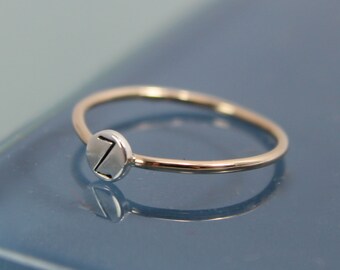 Tiny Dot Ring 14k SOLID Gold Band with Sterling Silver Hand Cut  Circle Disc Stamped Initial Monogram Letter Stacking Ring