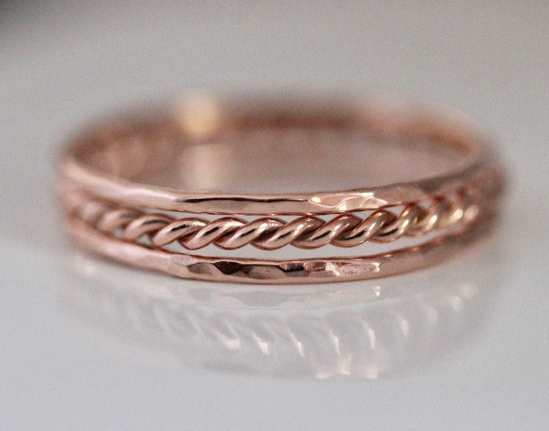 Rose Gold Rings Set of 3 14k SOLID Rose Gold Stack 1 Skinny Rope Twist