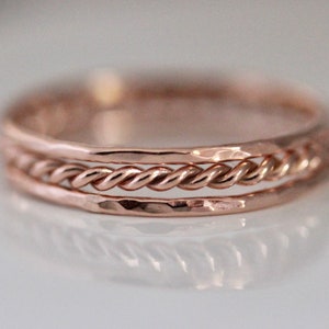 Rose Gold Stack Rings  Set of 3 14k SOLID Rose Gold Stack 1 Skinny Rope Twist Infinity Ring 1.5mm 2 Thin Hammered 1mm Simple Stacking Rings