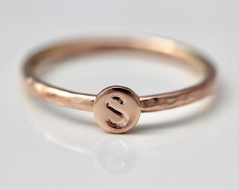 Personalized Ring 14k SOLID Rose Gold Letter 1.5mm Thick Dot Ring Hammered Band Circle Disc Stamped Initial Monogram Stacking Ring Gift