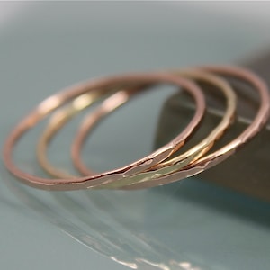Hammered Skinny Rings Stacking Set of 3 SOLID 14k Gold Thin Stacking Band Ring Faceted Shiny Finish 2 Rose 1 Yellow