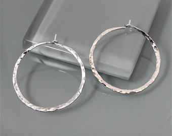 Hoops Sterling Silver 1 1/2” Simple Hammered Hoop Earrings