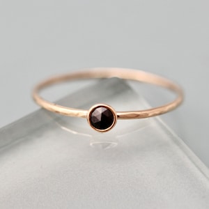 Black Diamond Ring 14k Yellow Gold 1mm Hammered Band with 3mm Black Rose Cut Diamond Bezel Setting Sustainable Recycled 14k Rose 18k Options