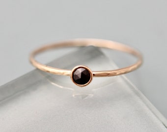 Black Diamond Ring 14k Yellow Gold 1mm Hammered Band with 3mm Black Rose Cut Diamond Bezel Setting Sustainable Recycled 14k Rose 18k Options