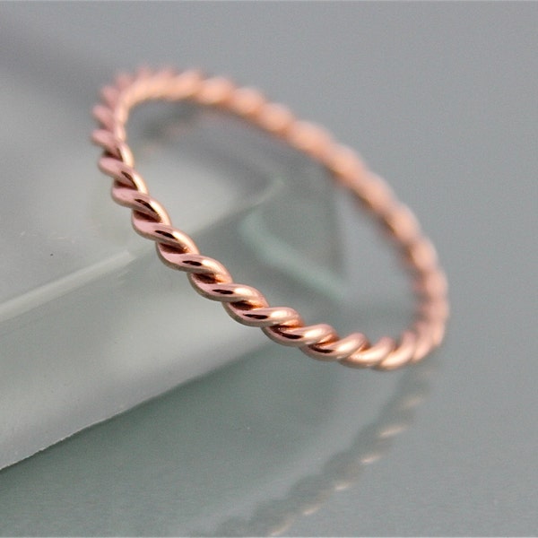 Twisted Rope Ring 14k Rose Gold Band 1.5mm Skinny Stacking  Spacer Wedding Shiny Recycled Gold Yellow or White Option By Tinysparklestudio