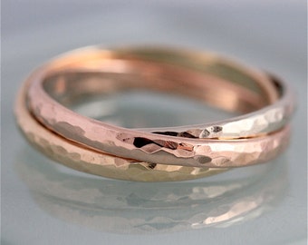 Rolling Russian Wedding Band Tri Color 14k Solid Gold Trinity Ring