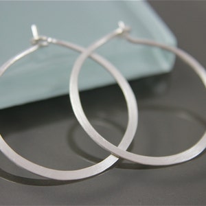 Silver Hoops Medium 1" Sterling Silver Flat Hammered Satin Hoop Earrings Eco Friendly Recycled Silver