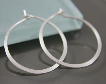 Silver Hoops Medium 1" Sterling Silver Flat Hammered Satin Hoop Earrings Eco Friendly Recycled Silver