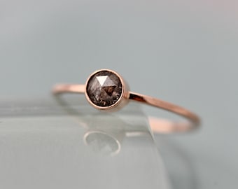 Salt and Pepper Diamond Ring 14k Rose Gold 1mm Square Band With 4mm Rose Cut Included Black and White Diamond 14k Yellow or 18k Option