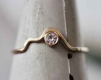 Moissanite or Diamond Mountain Ring 14k Yellow Gold Matte Hammered Band Solid Gold 1mm Thick Recycled Gold 14k Rose Gold or 18k Option