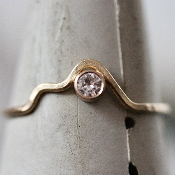 Moissanite or Diamond Mountain Ring 14k Yellow Gold Matte Hammered Band Solid Gold 1mm Thick Recycled Gold 14k Rose Gold or 18k Option