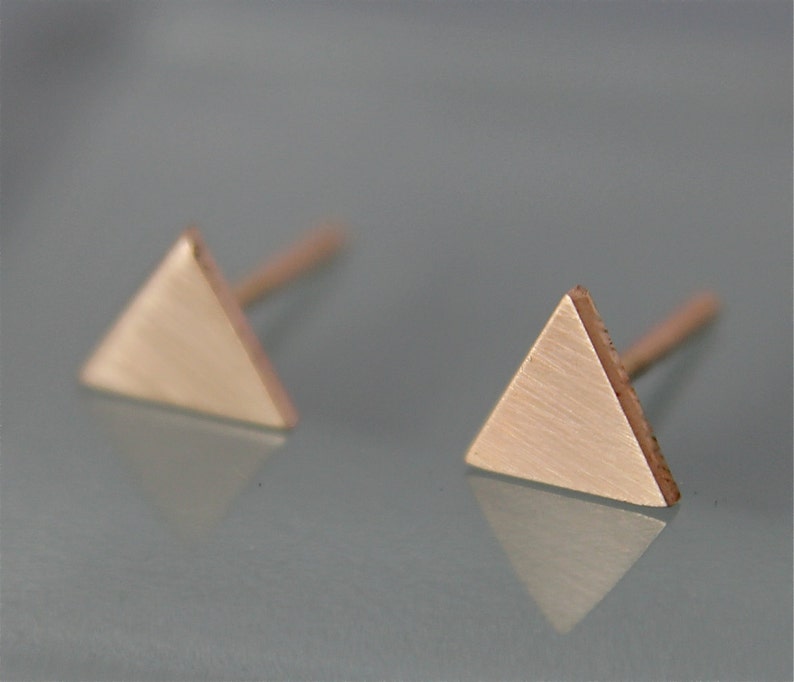 18k Gold Triangle Tiny Stud Earrings Geometric Pyramid Simple Eco-Friendly SOLID Recycled Rose or Yellow Gold Brushed or Shiny Finish image 2