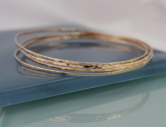 Mixed Metal Hammered Thin Cuff Stacking Bracelet Set Sterling Silver Rose Gold Filled Yellow Gold Filled