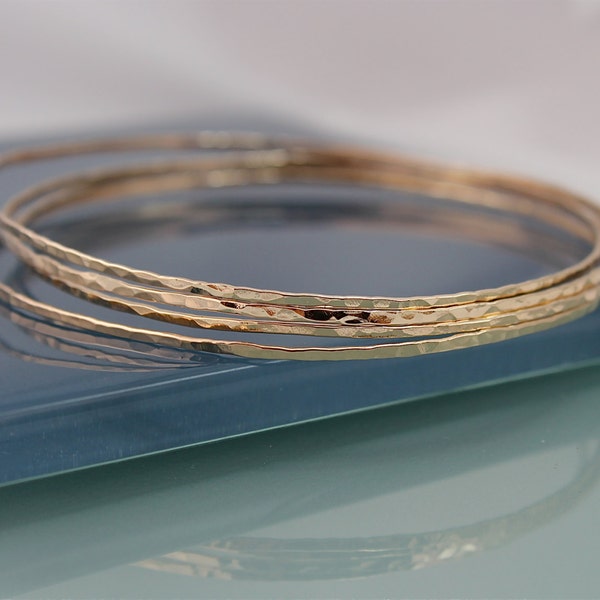 Bangle Set of 4 14k Gold Filled Sparkle Thin Bangle Hand Forged Hammer Texture Stacking Bracelet Yellow Gold or Rose Gold