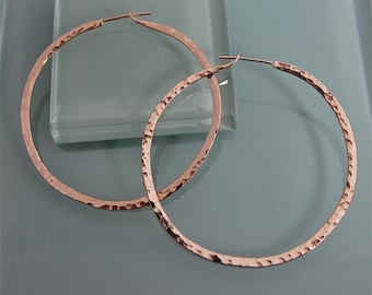 Hoop Earrings Rose Gold XL 2" Hoops 14k Rose Gold Filled Hammered Faceted Texture Tension Clasp Hoop Earrings With Solid 14k Gold Posts