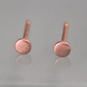 Tiny Rose Gold Stud Earrings 14k SOLID Gold Circle Dot Disk 3mm  Studs  Brushed Satin Finish Recycled Eco Friendly Gold
