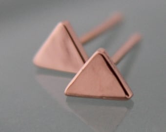 Triangle Earrings 14k Rose Gold Studs Tiny SOLID Gold Stud  EcoFriendly Recycled Rose or Yellow Gold Shiny or Brushed Finish