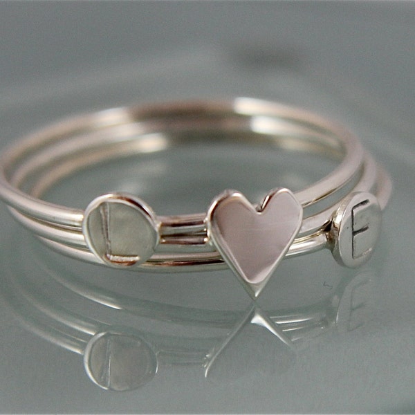 Mothers or Lovers 2 Initial Dot Rings and 1 Tiny Heart Ring Recycled Sterling Silver Valentine Stacking Ring Set Eco Friendly BFF