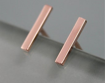 Rose Gold Bar Stud 14k SOLID Line Staple Earrings Mirror Polish Or Brushed Finish Eco-Friendly Recycled Gold