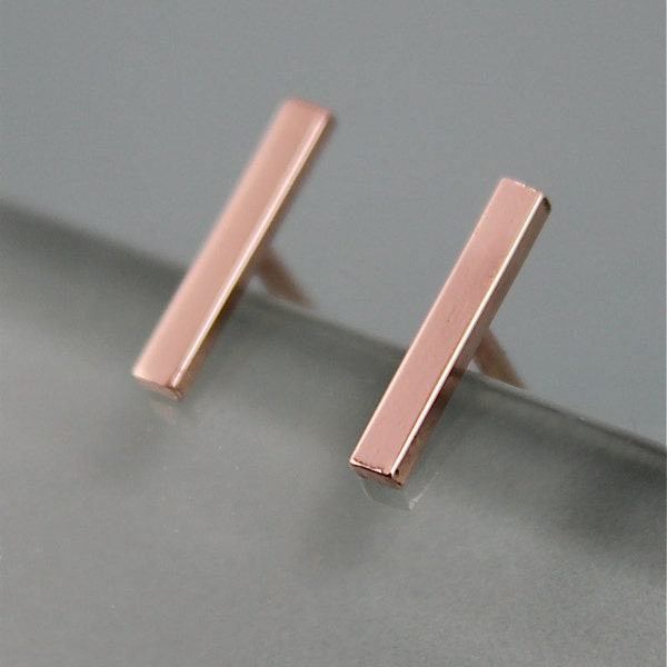 Rose Gold Bar Stud 14k SOLID Line Staple Earrings Mirror Polish Or Brushed Finish Eco-Friendly Recycled Gold