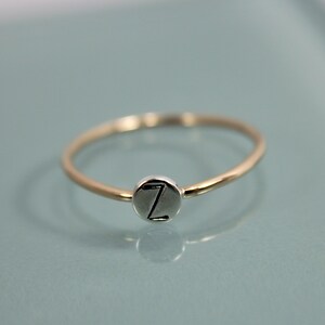 Tiny Dot Ring 14k SOLID Gold Band with Sterling Silver Hand Cut Circle Disc Stamped Initial Monogram Letter Stacking Ring image 3