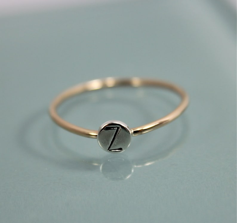 Tiny Dot Ring 14k SOLID Gold Band with Sterling Silver Hand Cut Circle Disc Stamped Initial Monogram Letter Stacking Ring image 3