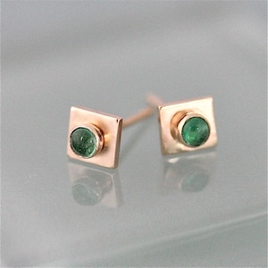 Gold Emerald Earrings 14k Yellow Gold Square Studs With 3mm Emerald Gemstones May Birthstone Eco Friendly Recycled Gold