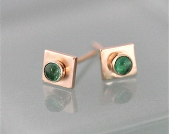 Gold Emerald Earrings 14k Yellow Gold Square Studs With 3mm Emerald Gemstones May Birthstone Eco Friendly Recycled Gold