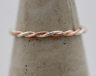 Sterling Silver and 14k Rose Gold Relaxed Twist Ring Two Tone 1.5mm Twisted Rope Infinity Band Wedding Ring Mixed Metals Gift