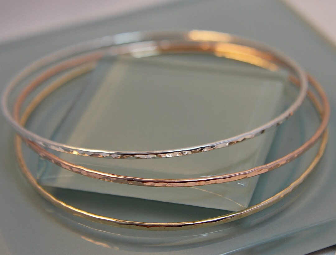Buy Tri Color Bangle Set of Mix and Match Sterling Silver Rose Yellow  Gold Filled Sparkle Hammered Texture Bright Finish Stacking Bracelet Online  in