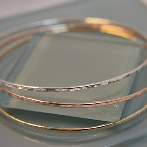 Tri Color Bangle Set of 3 Mix and Match Sterling Silver Rose Yellow Gold Filled Sparkle Hammered Texture Bright Finish Stacking Bracelet
