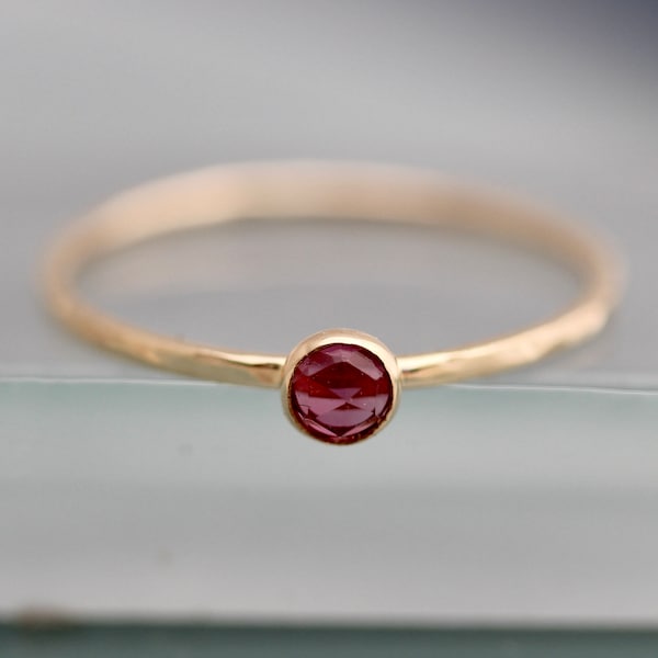 Pink Tourmaline 14k Solid Gold Ring Hammered Band October Birthstone 3mm Rose Cut Gemstone Dainty Ring EcoFriendly Sustainable Recycled Gold